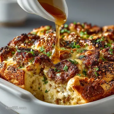 Breakfast Casserole: Make Ahead Sausage Everything Bagel Strata Recipe Card