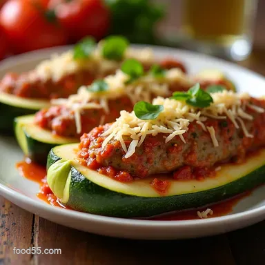 Easy Sausage Stuffed Zucchini Boats with Parmesan Crust Recipe Card
