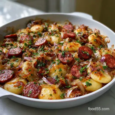 Sausage and Perogies: Ultimate Cheesy Skillet Recipe Recipe Card