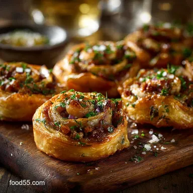 Party Appetizer Elegant Sausage and Onion Pinwheels in Puff Pastry Recipe Card