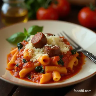 The Comfort Classic Hearty Sausage and Spinach Baked Ziti Recipe Card