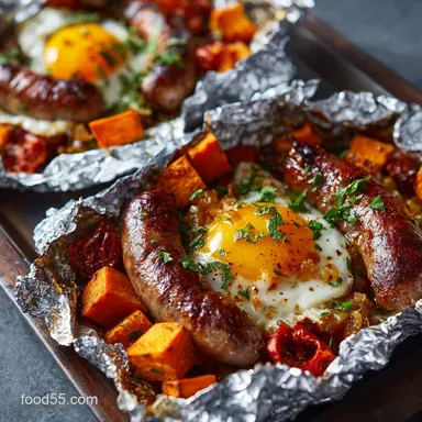 Breakfast Foil Packets: The Full English Sausage Sweet Potato Meal Recipe Card