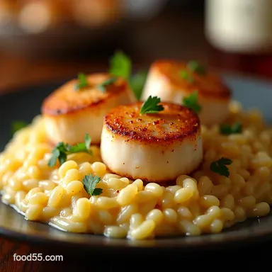Scallops with Parmesan Risotto Seared Scallops Creamy Arborio Recipe Card