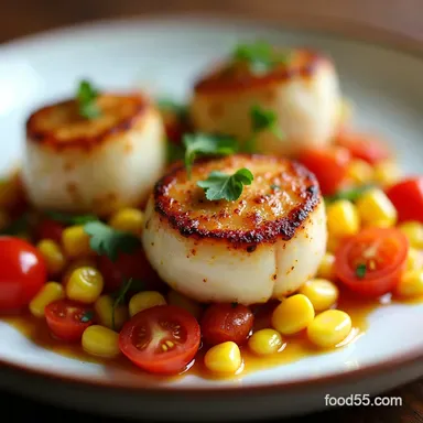 Seared Scallops with Corn and Tomatoes My GoTo Summer Recipe Recipe Card