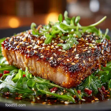 Sesame Crusted Tuna Steak on Peppery Arugula My Weeknight GoTo Recipe Card