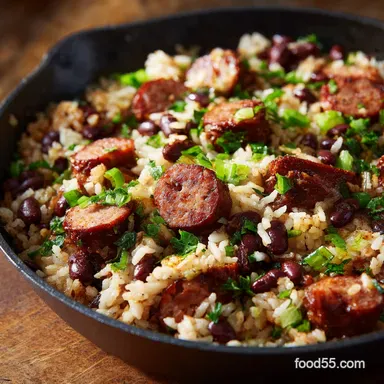 Skillet Rice and Beans with Kielbasa: One-Pan Weeknight Comfort Meal Recipe Card