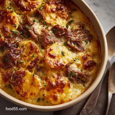 Slow Cooker Beef and Potatoes Au Gratin: Ultra-Creamy One-Pot Dinner Recipe Card
