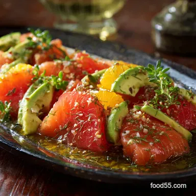 Smoked salmon with orange dressing and avocado: A Zesty Gourmet Platter Recipe Card