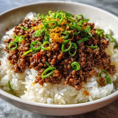 Soy Sauce Ground Beef and Rice in 20 Minutes Recipe Card