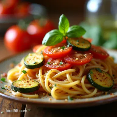 Light Angel Hair with Zucchini and Tomatoes 33 Mins Recipe Card
