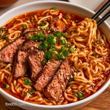 Spicy Beef Ramen in 14 Minutes Recipe Card