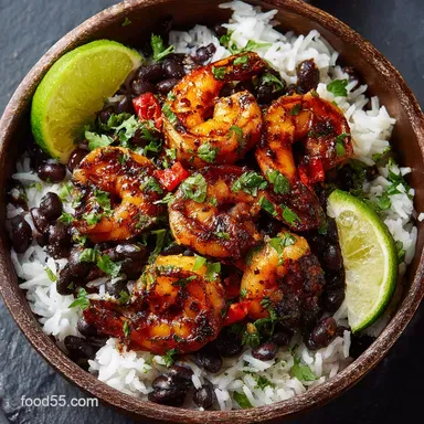 Spicy Jerk Shrimp with Rice and Black Beans Homemade Marinade Coconut Rice Recipe Card