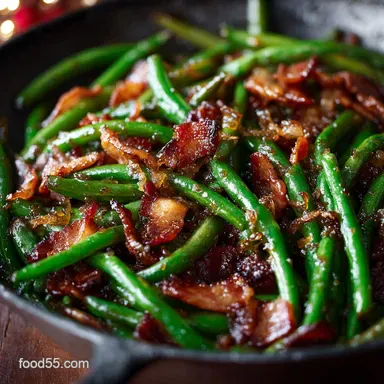 Skillet Bourbon Bacon Green Beans Sticky Sweet Glaze for Holidays Recipe Card