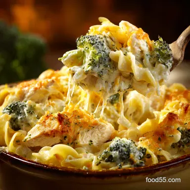 The Ultimate Chicken and Broccoli Noodle Casserole Proper Cheesy Comfort Food Recipe Card