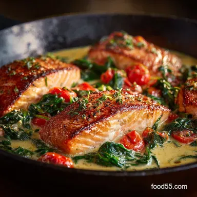 Tuscan Garlic Salmon with Spinach and Tomato Creamy Skillet Dinner Recipe Card
