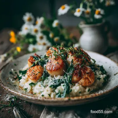 spring meals: Creamy Risotto with Scallops Wild Garlic Recipe Card