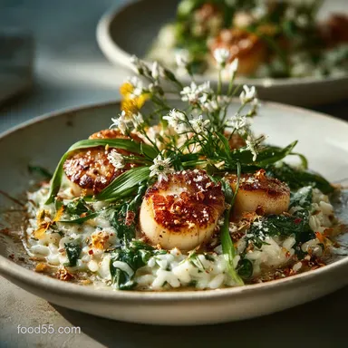 spring meals: Creamy Risotto with Scallops Wild Garlic