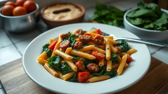 Sizzling Sausage Penne with Spinach and Cherry Tomatoes
