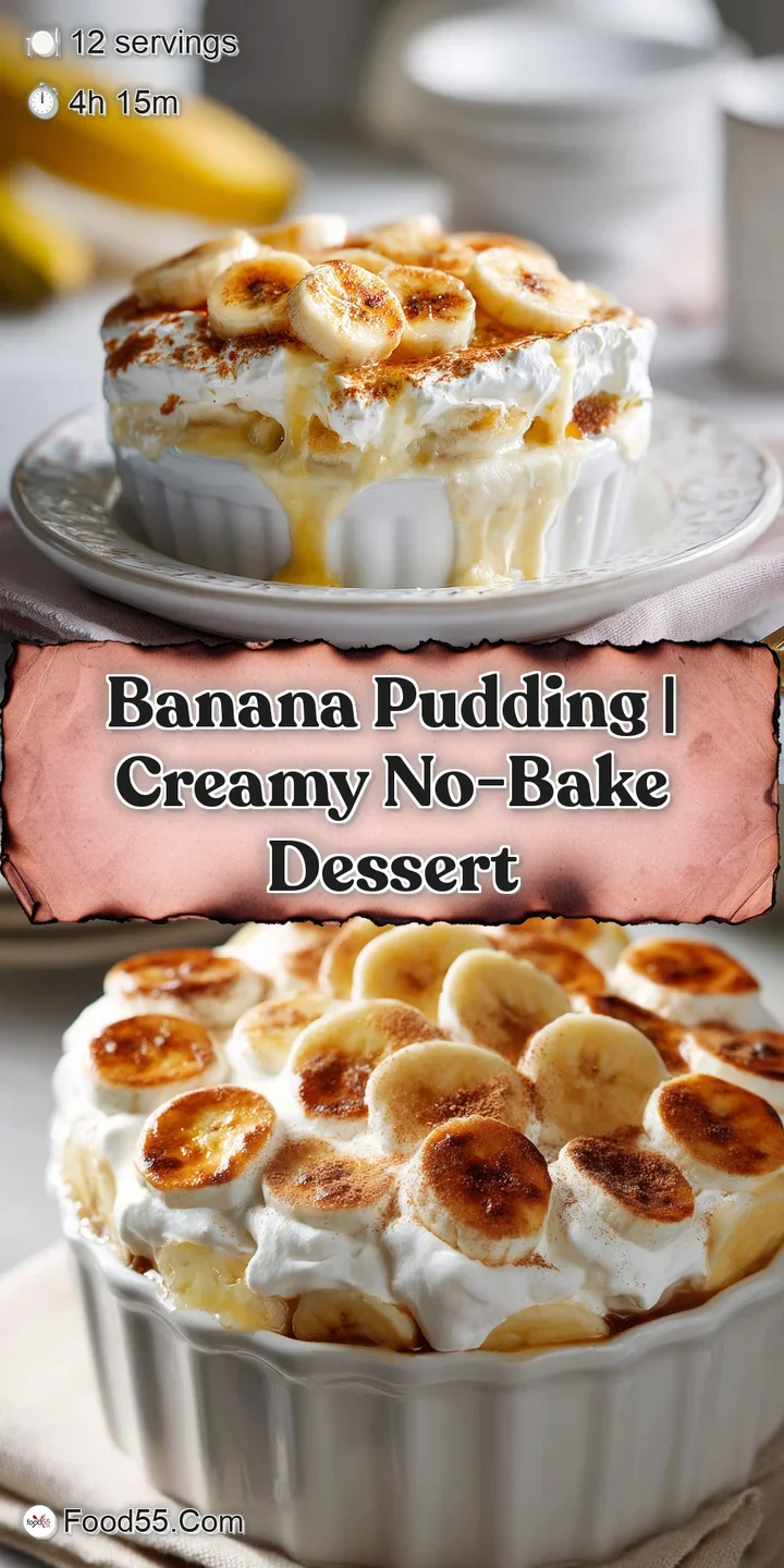 Creamy, dreamy banana pudding close-up. Whipped cream peaks and fresh banana slices beckon. Wafer crumbles add tempting ...