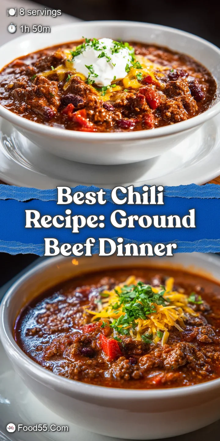 Close-up of thick, rich chili revealing tender ground beef, plump kidney beans, and a glistening sheen of flavorful oils o...
