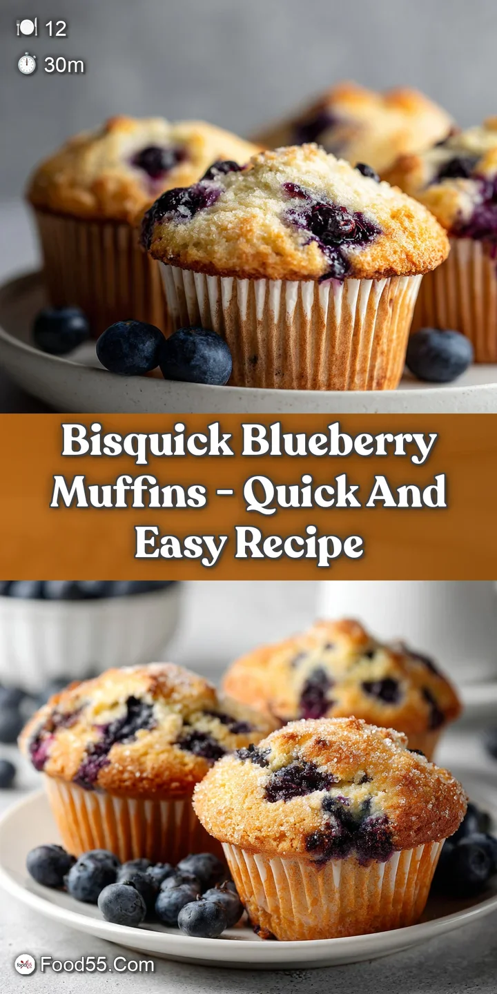 Close-up of a single Bisquick blueberry muffin, showing the rough, golden-brown texture and plump blueberries throughout. ...