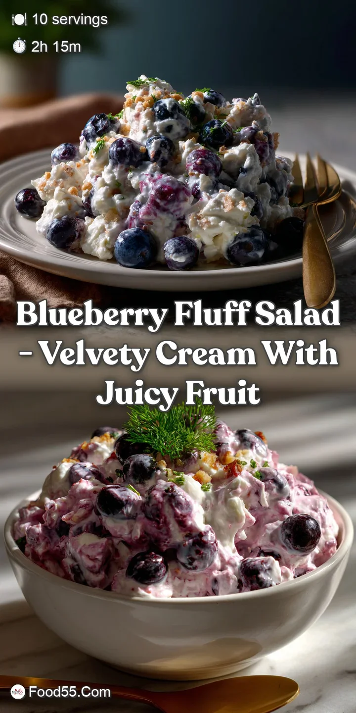 Close-up of a spoonful of creamy blueberry fluff, showcasing the juicy blueberries, whipped texture, and inviting, cool to...