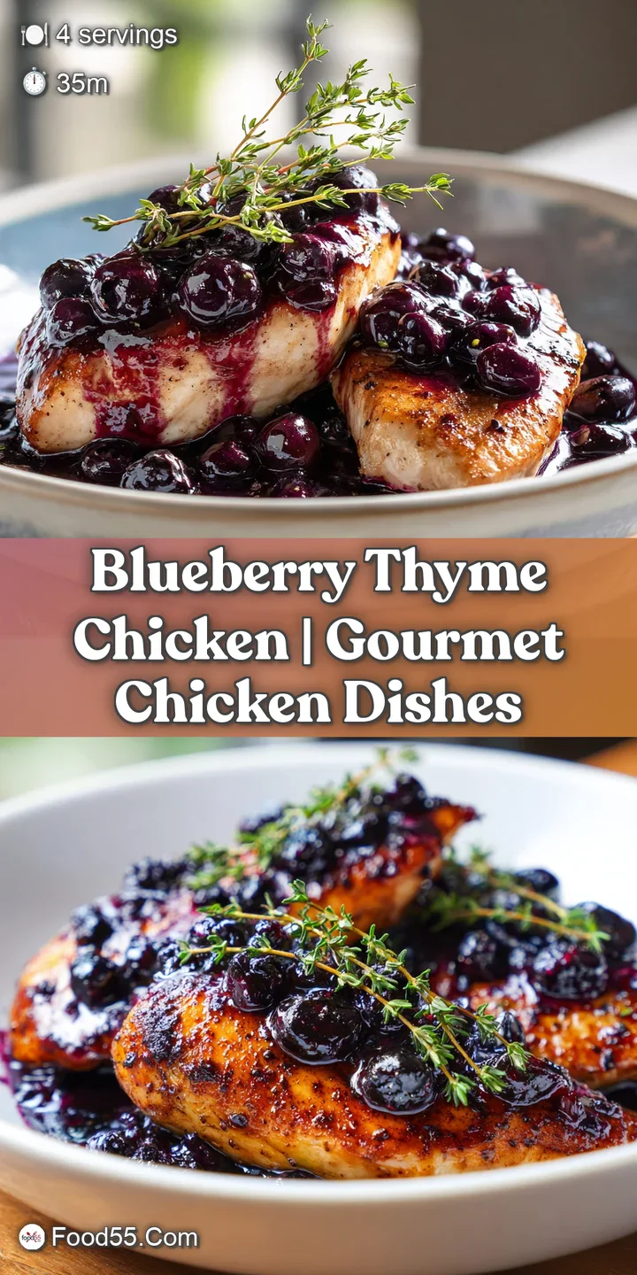 Close-up of juicy, glistening chicken glazed in a dark purple sauce with a plump blueberry and a tiny thyme leaf.