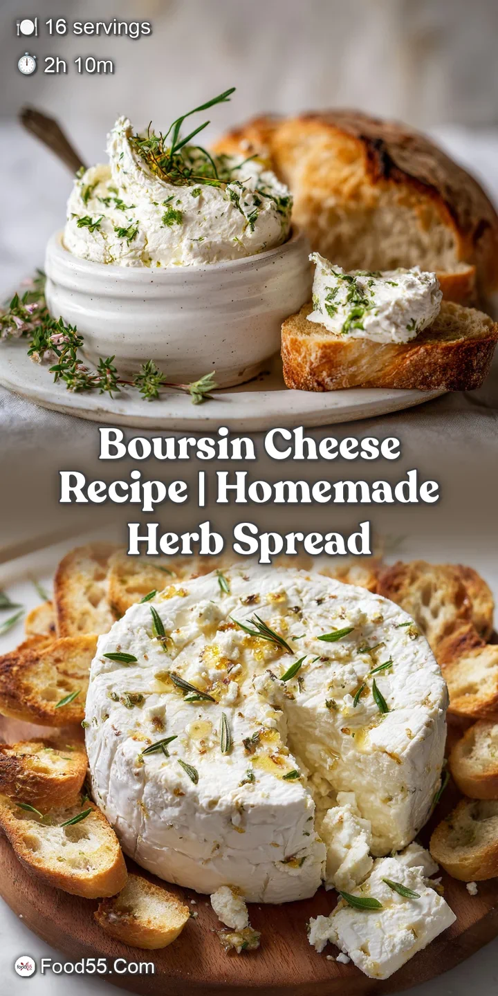 Close-up of velvety Boursin cheese, bright green herbs clinging to its surface. Hints of garlic. Inviting and utterly temp...