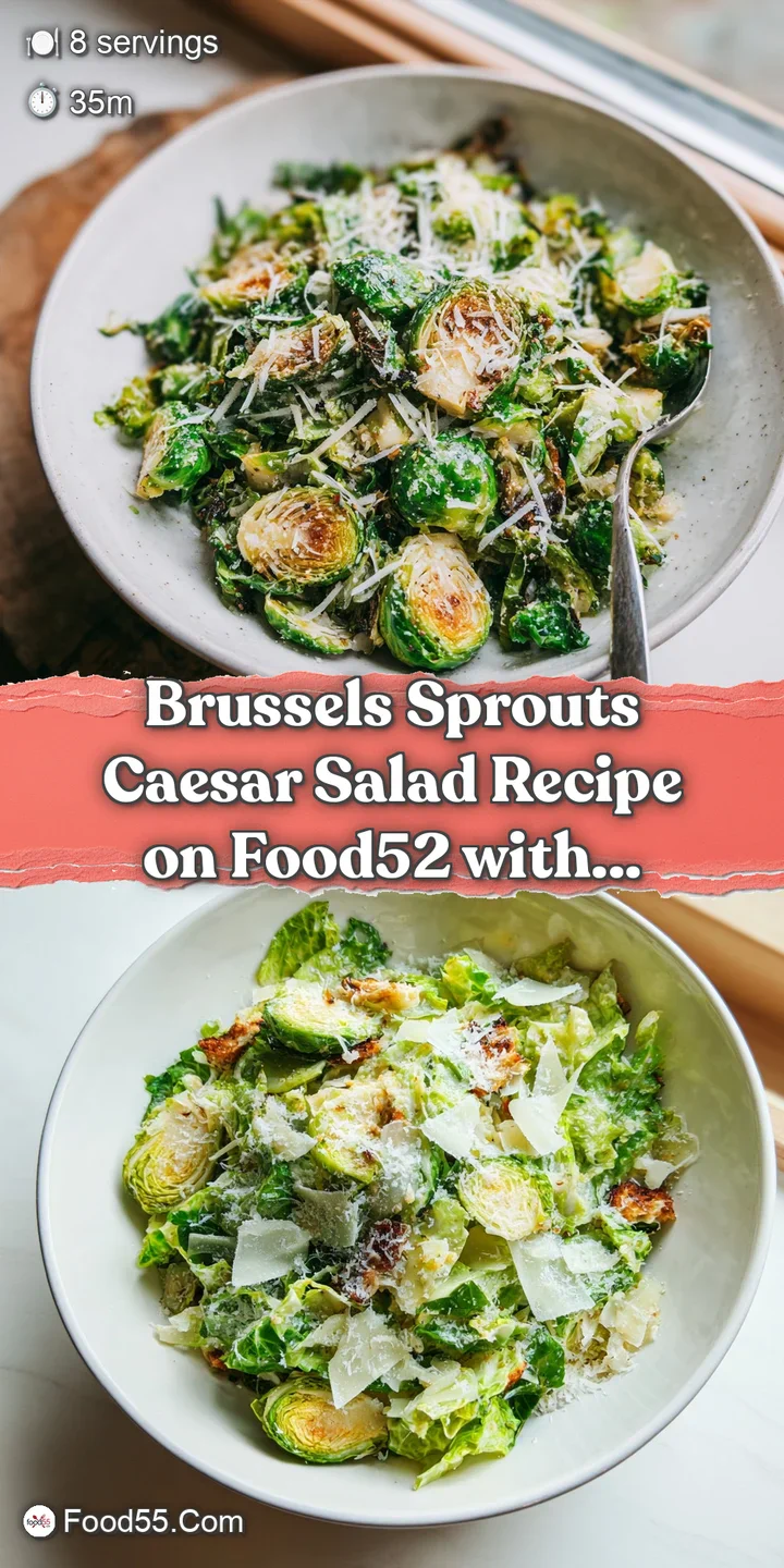 Close-up: Crisp, thinly sliced Brussels sprouts coated in rich Caesar dressing, dotted with toasted breadcrumbs, and grate...