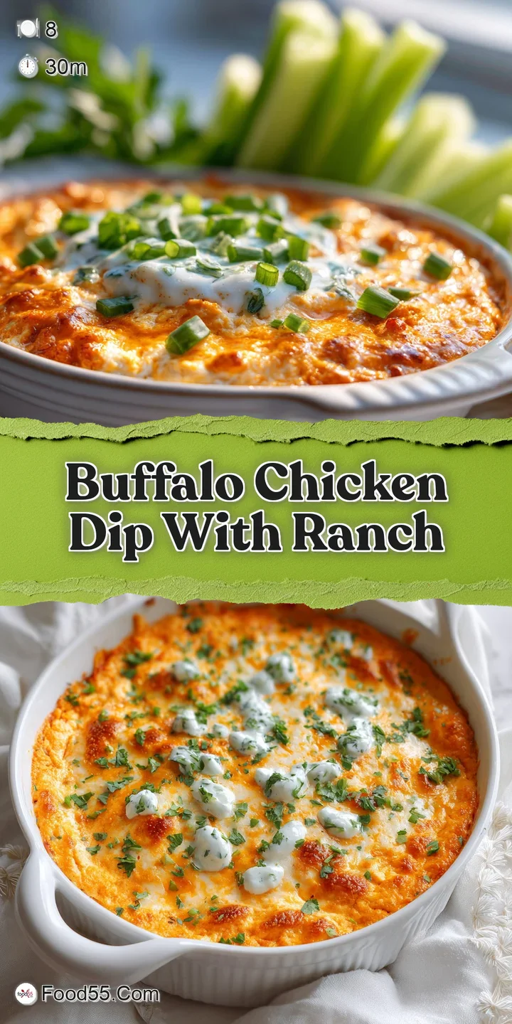 Close-up of creamy, hot buffalo chicken dip, showing the melted cheese pull and vibrant red hot sauce swirls. Garnished wi...