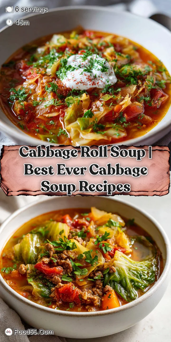 Close-up of a rich broth filled with soft cabbage, ground beef, and bright red tomato pieces.