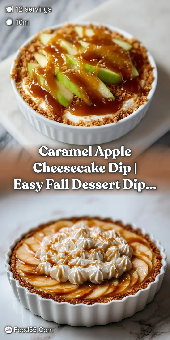 Close-up of smooth cheesecake dip with rich caramel cascades and vibrant red apple chunks.