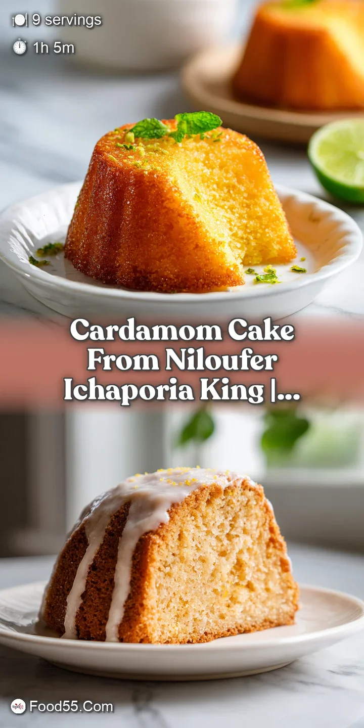 Close-up shows moist cardamom cake texture; a scattering of green pistachios hint at the cake's aromatic, spiced flavor.