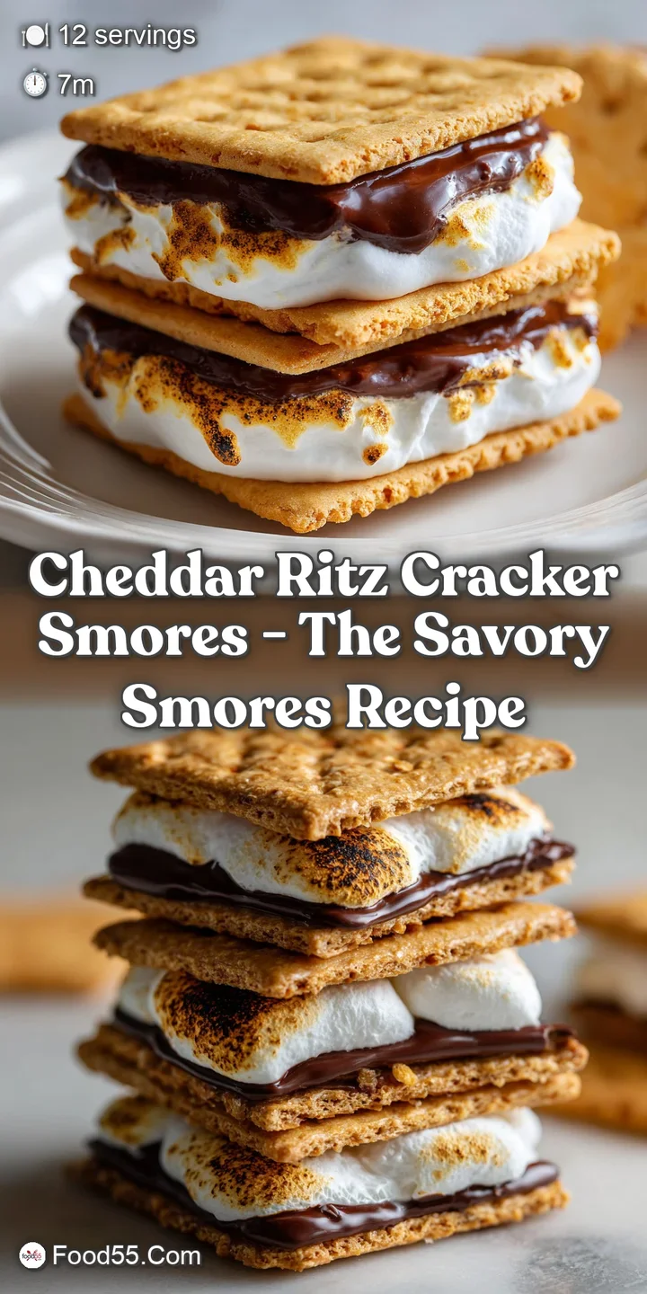 Close-up of a warm, gooey Ritz cracker s'more. Melted marshmallow and cheddar cheese ooze between the golden-brown, butter...