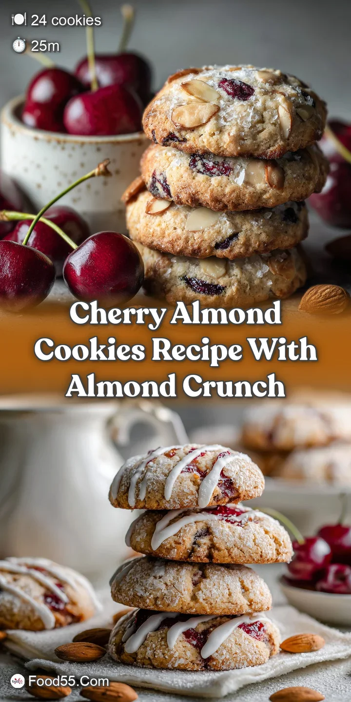 A close-up view of a cherry almond cookie: crisp golden edges and a soft interior with a burst of cherry red, appealing an...