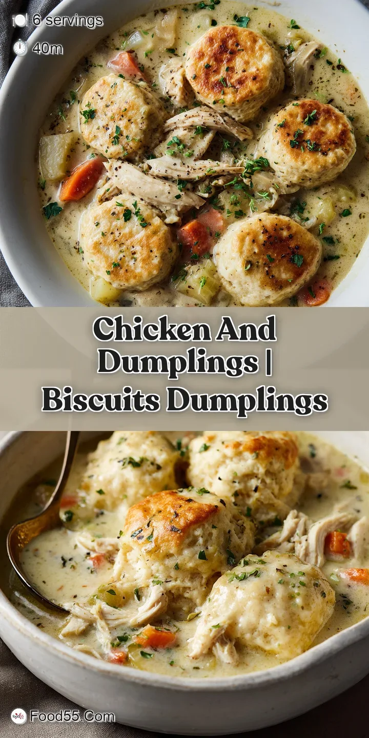 Close-up view of juicy shredded chicken and pillowy dumplings, glistening with flavorful broth. Hints of herbs and soft te...