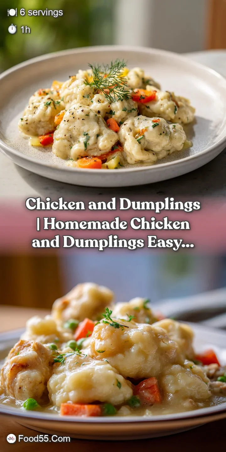 Close-up of a fluffy, golden dumpling sinking into a rich, creamy chicken stew, with visible pieces of tender chicken.