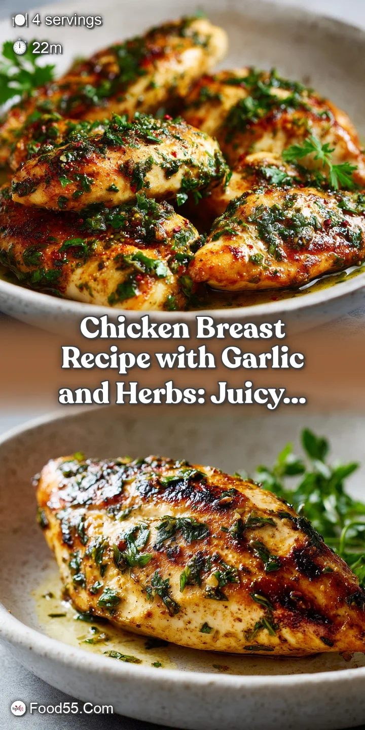 Close-up of juicy chicken breast, glistening with oil, flecked with fragrant herbs and bits of garlic. Invitingly browned ...