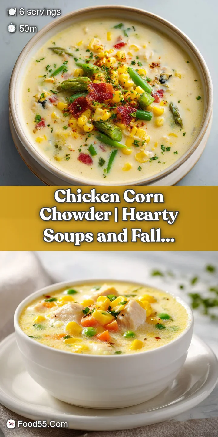 Close-up of creamy chowder with chunks of chicken, corn kernels, and diced potatoes, a comforting texture