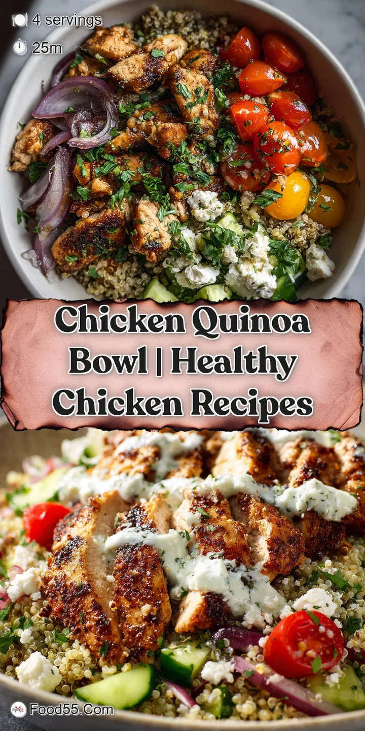 Close-up of a quinoa bowl; tender chicken and vibrant veggies peek through the fluffy quinoa, inviting you to dig in.