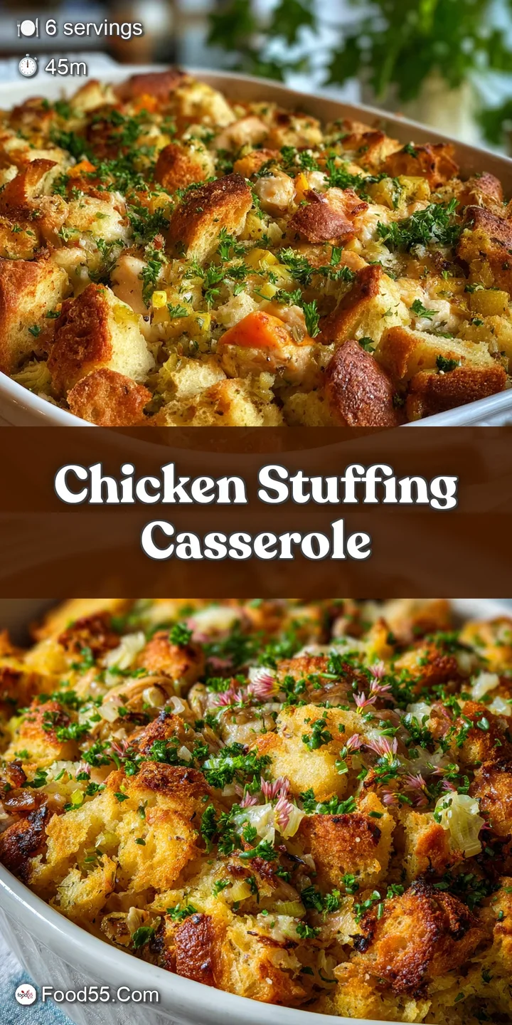 Close-up of chicken stuffing casserole. A moist, savory interior with golden, crispy baked bits. Herbs add vibrant green.