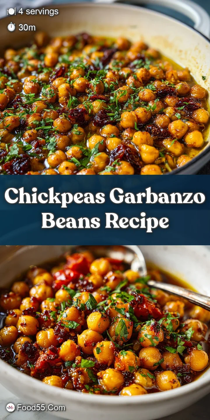 Close-up of plump, tender chickpeas swimming in a luscious, deeply colored braise. Highlights of herbs promise fresh, arom...