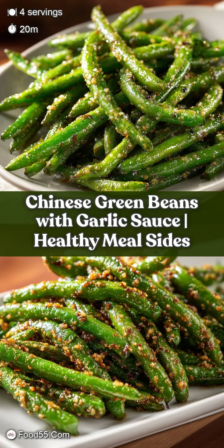Macro shot of blistered green beans coated in a glistening garlic sauce with golden browned bits of minced garlic.