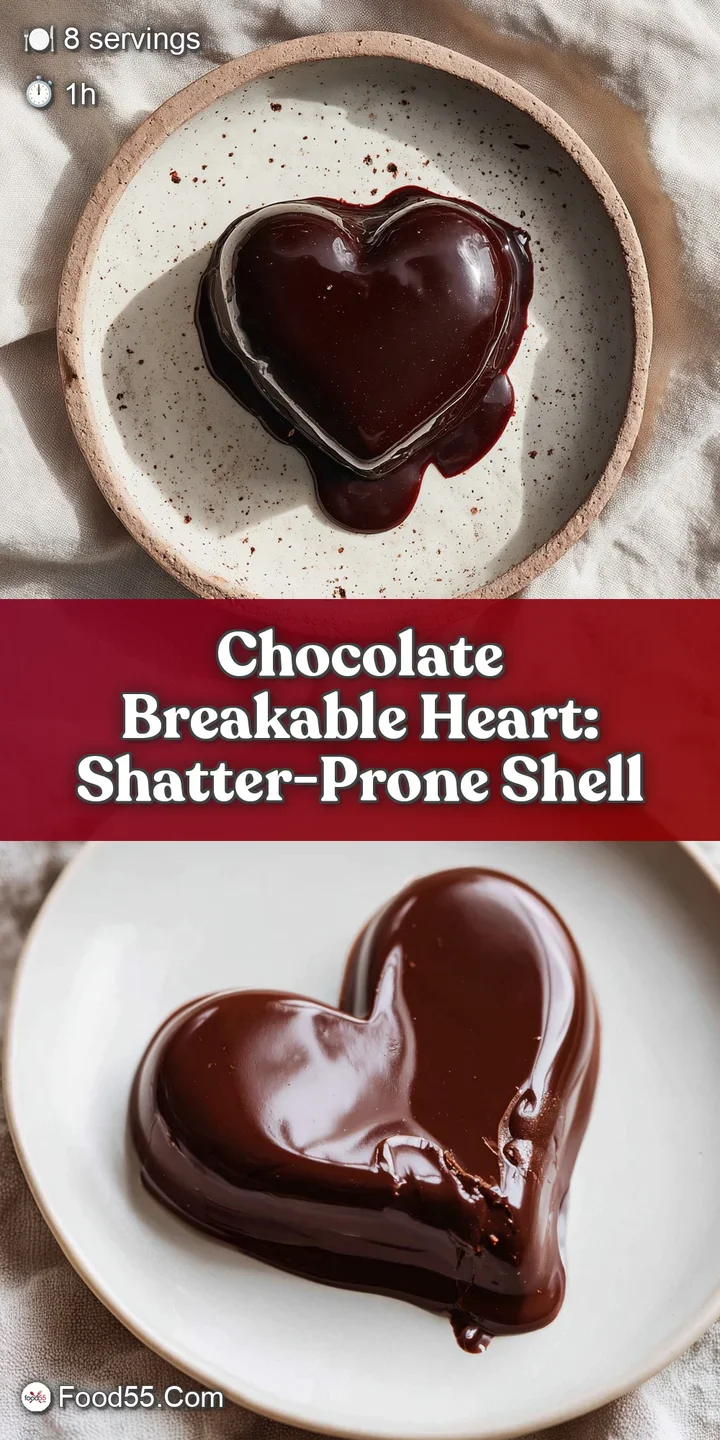 Close-up shot of the breakable chocolate heart, showcasing the smooth, deep brown chocolate and vibrant candy pieces within.