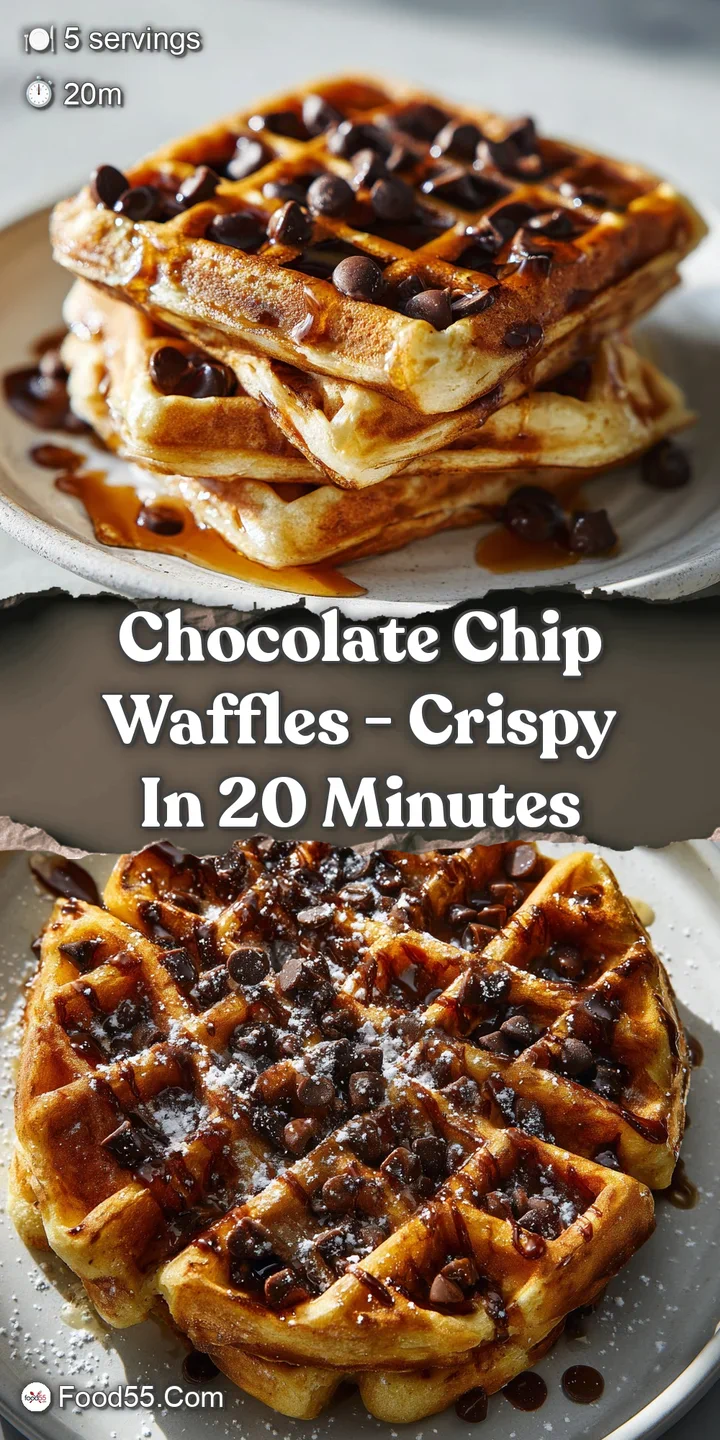 Close-up of a warm chocolate chip waffle, showcasing bubbling chocolate and a light golden-brown color, enticingly crisp.