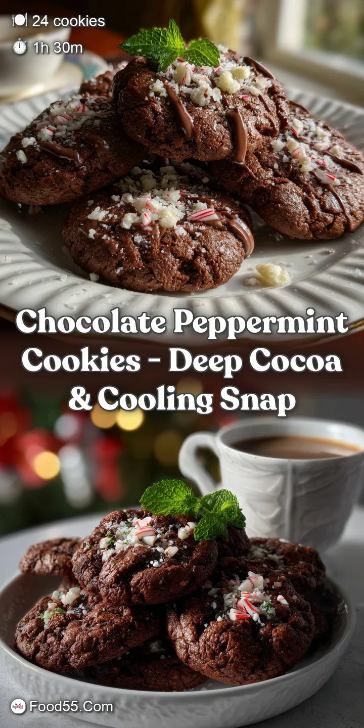 Dark, crinkled chocolate cookies with a dusting of powdered sugar and crushed peppermint pieces, offering a cooling contrast.