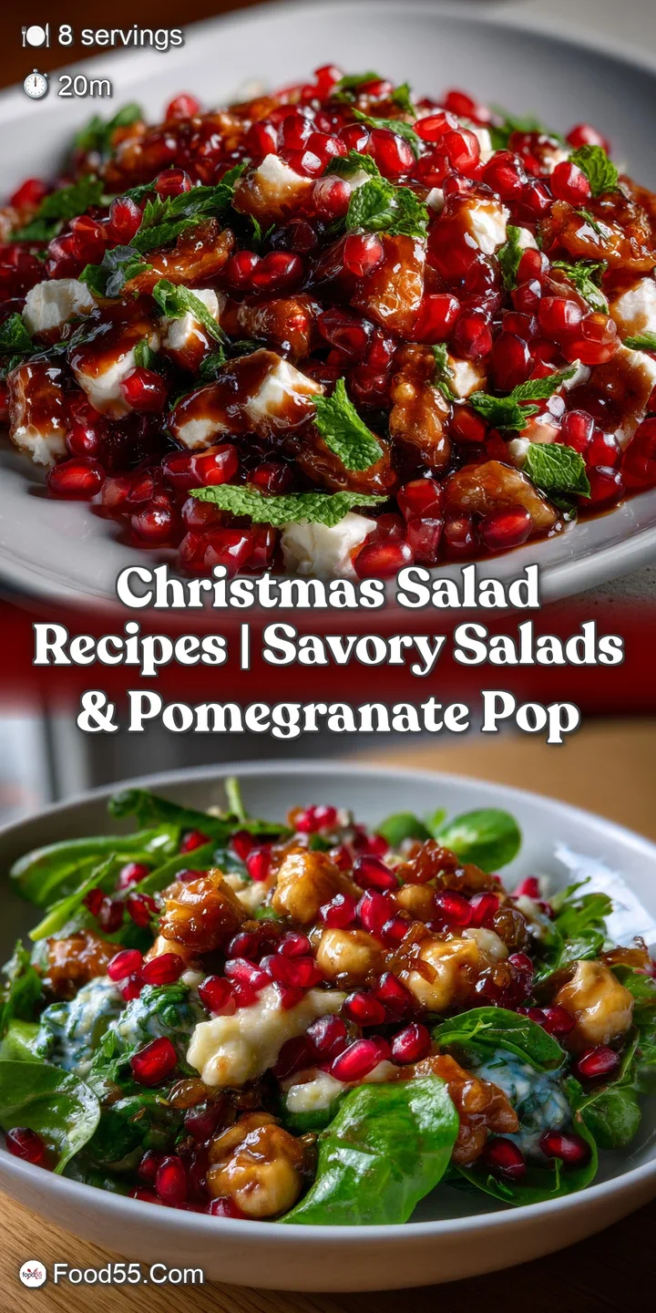 Close-up of a festive salad, showing the caramelized edges of charred brassicas, plump pomegranate seeds, and a hint of cr...