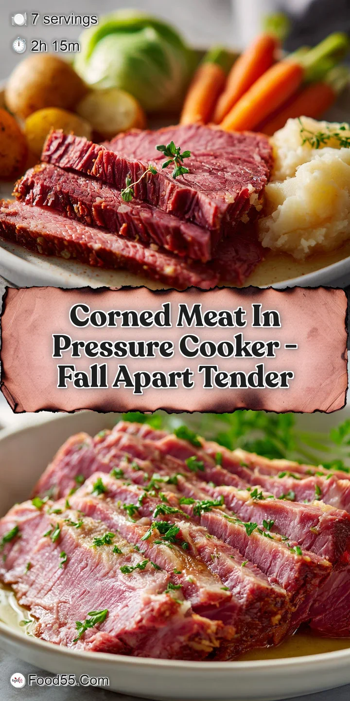 Close-up of glistening, fork-tender corned beef. Marbling is visible, promising juicy flavor. Cabbage adds subtle green te...