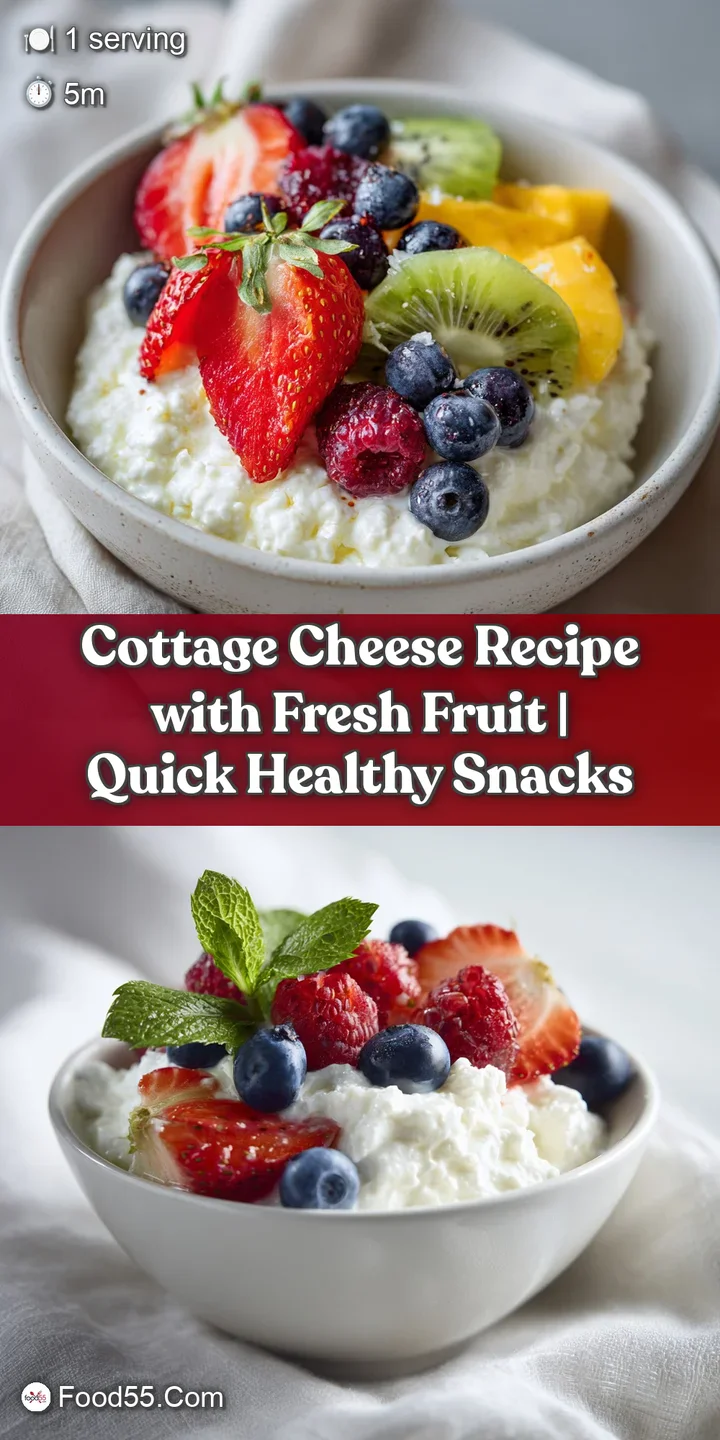 Close-up of smooth cottage cheese with plump, glistening strawberries and blueberries.