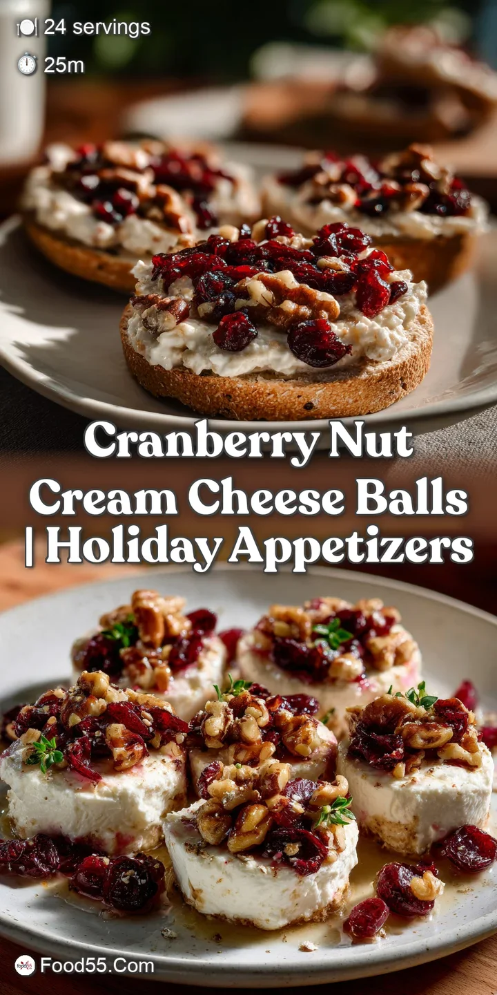 Close-up of a chilled cranberry nut cream cheese ball. The vibrant red cranberries pop against the creamy, smooth cheese t...